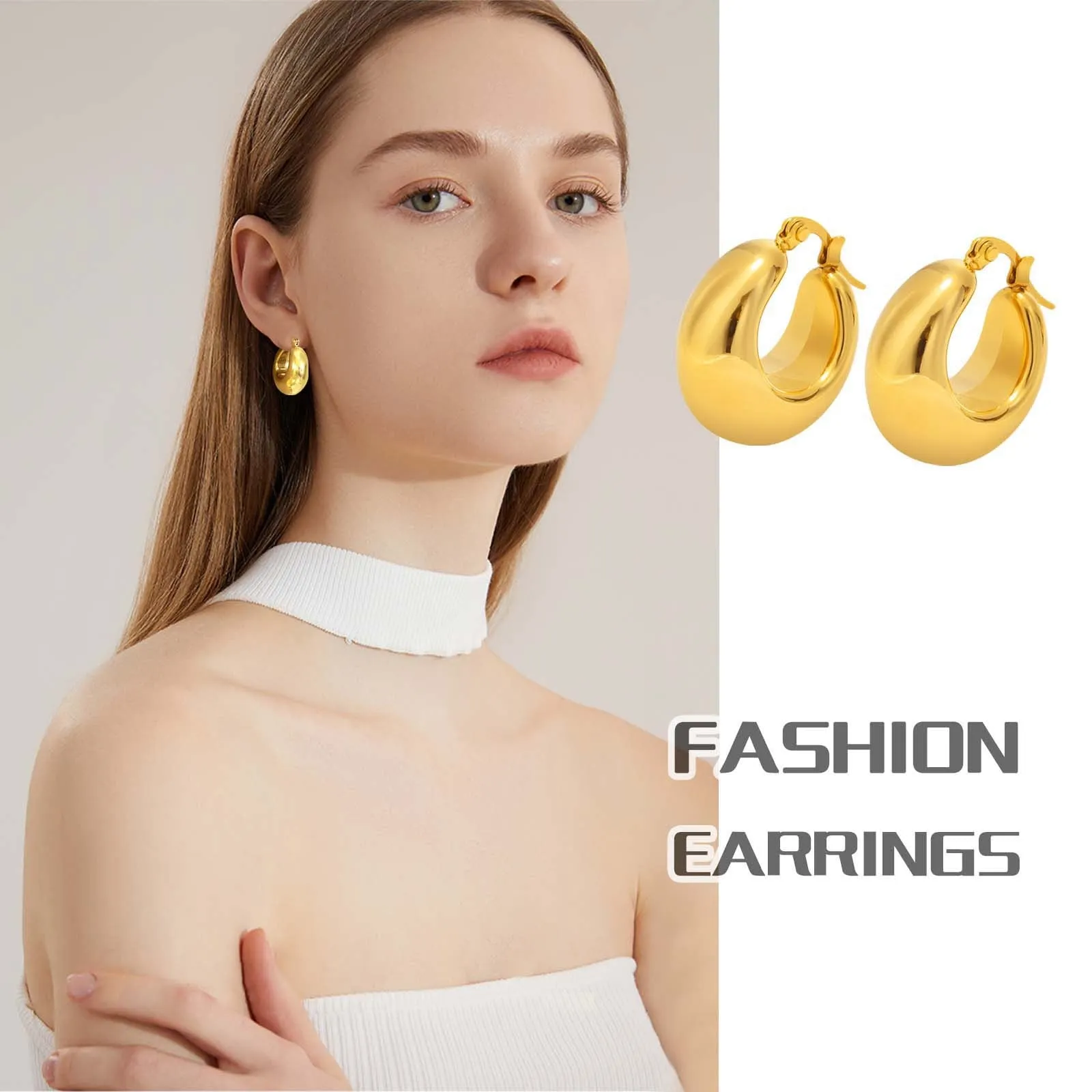 Aretes para mujeres Chunky Round Hoop Earrings for Women Jewelry, Gold Color Stainless Steel Half Hollow Circle Earrings to Girl