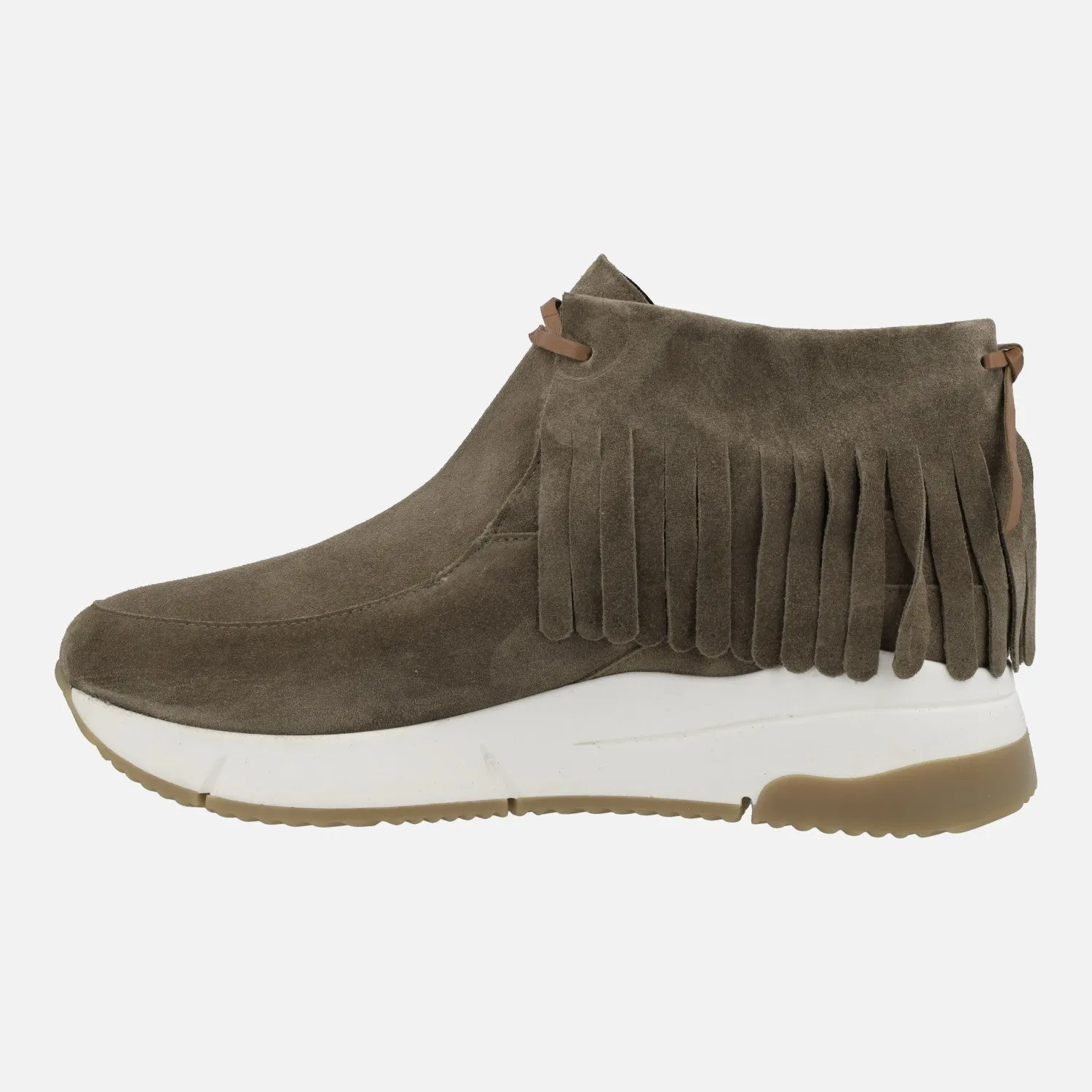 Botines bajos en serraje taupe con flecos