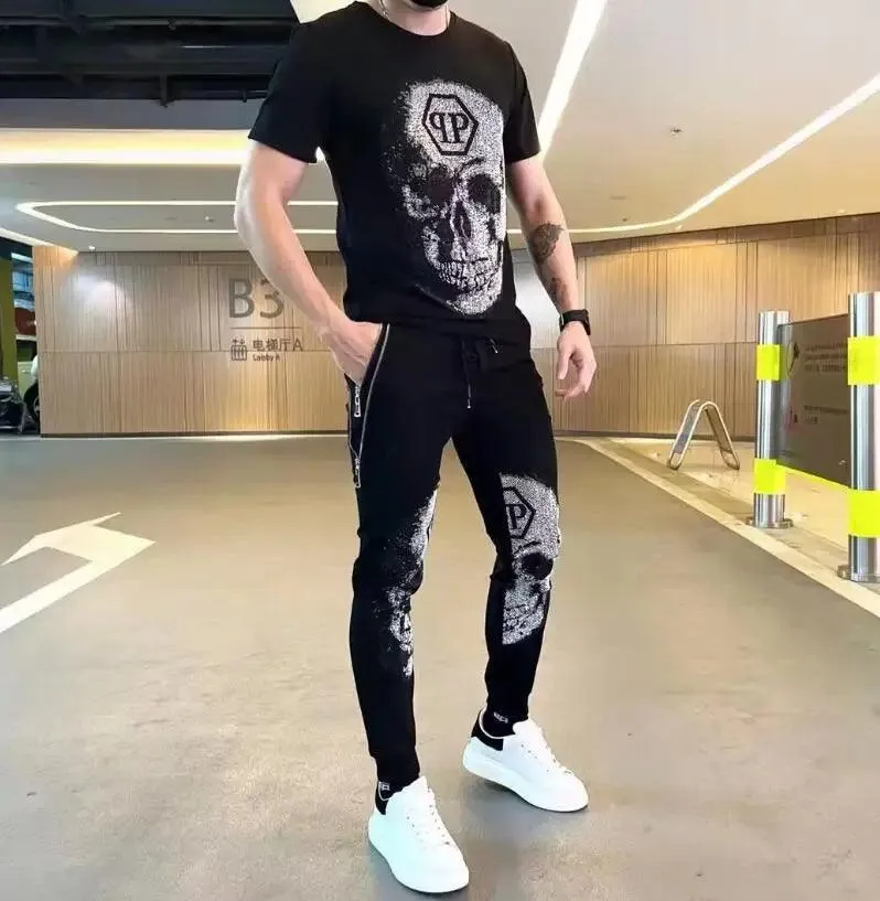 Camiseta de marca de moda para hombre, informal con diamantes de imitación