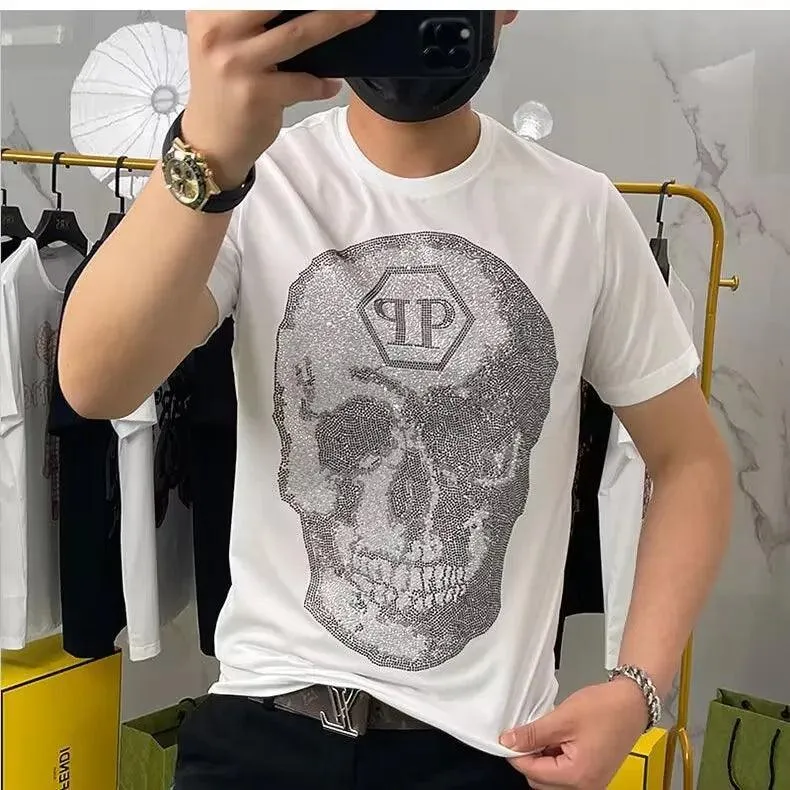 Camiseta de marca de moda para hombre, informal con diamantes de imitación