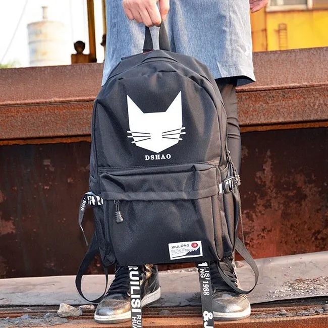 Leisure Black Student Bag Cat Head Men's Travel Backpack