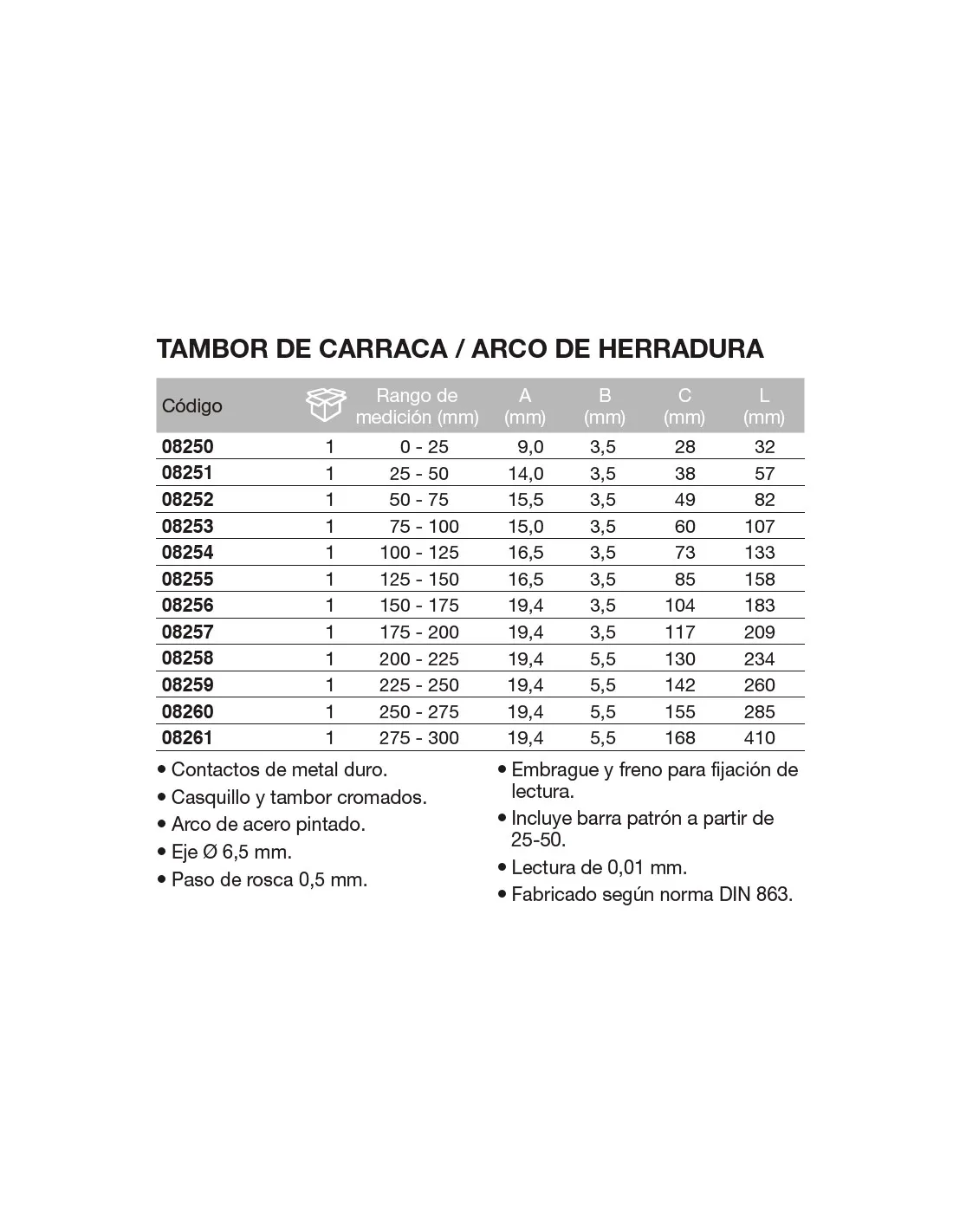 MICRóMETRO DE EXTER. TAMBOR DE CARRACA / ARCO DE HERRADURA 2550 / 0,01