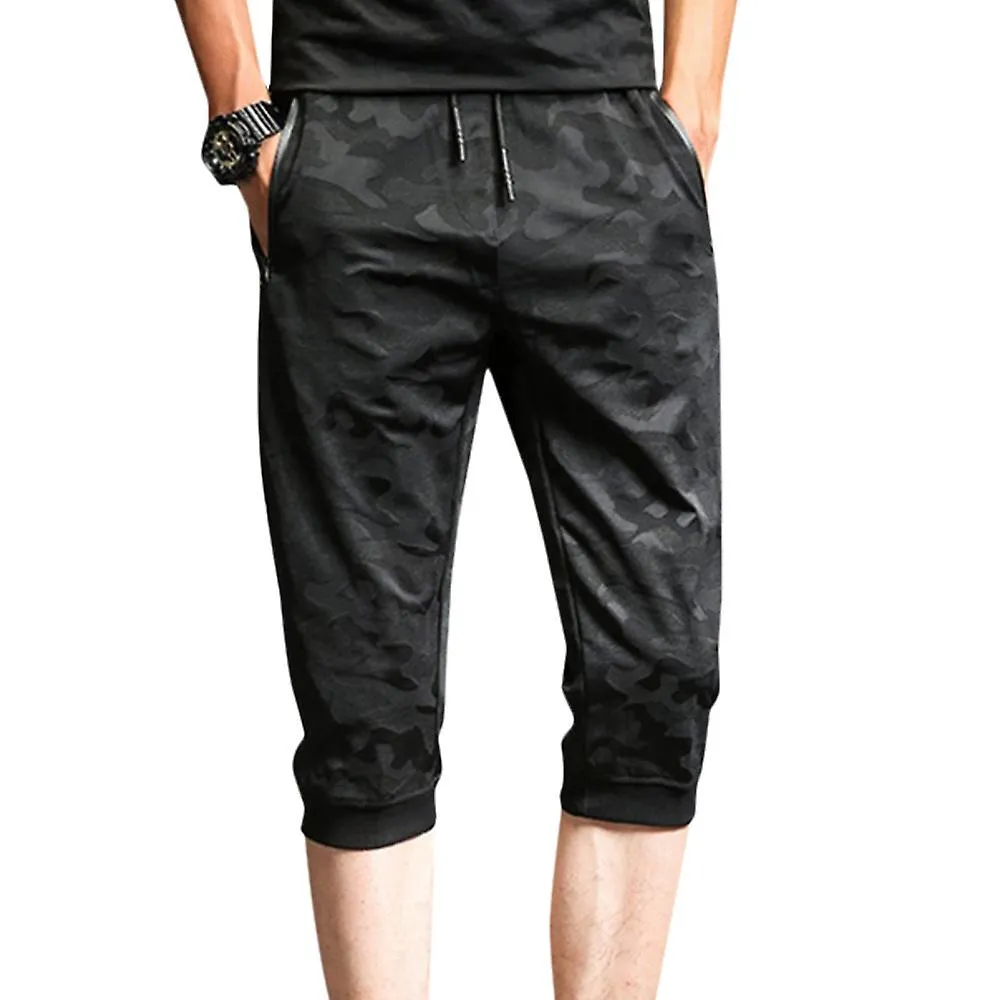 Plus Size Men Camo Sports Drawstring Cropped Trousers Capri Pants Pockets
