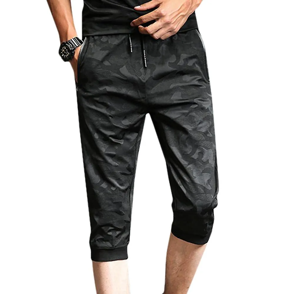 Plus Size Men Camo Sports Drawstring Cropped Trousers Capri Pants Pockets