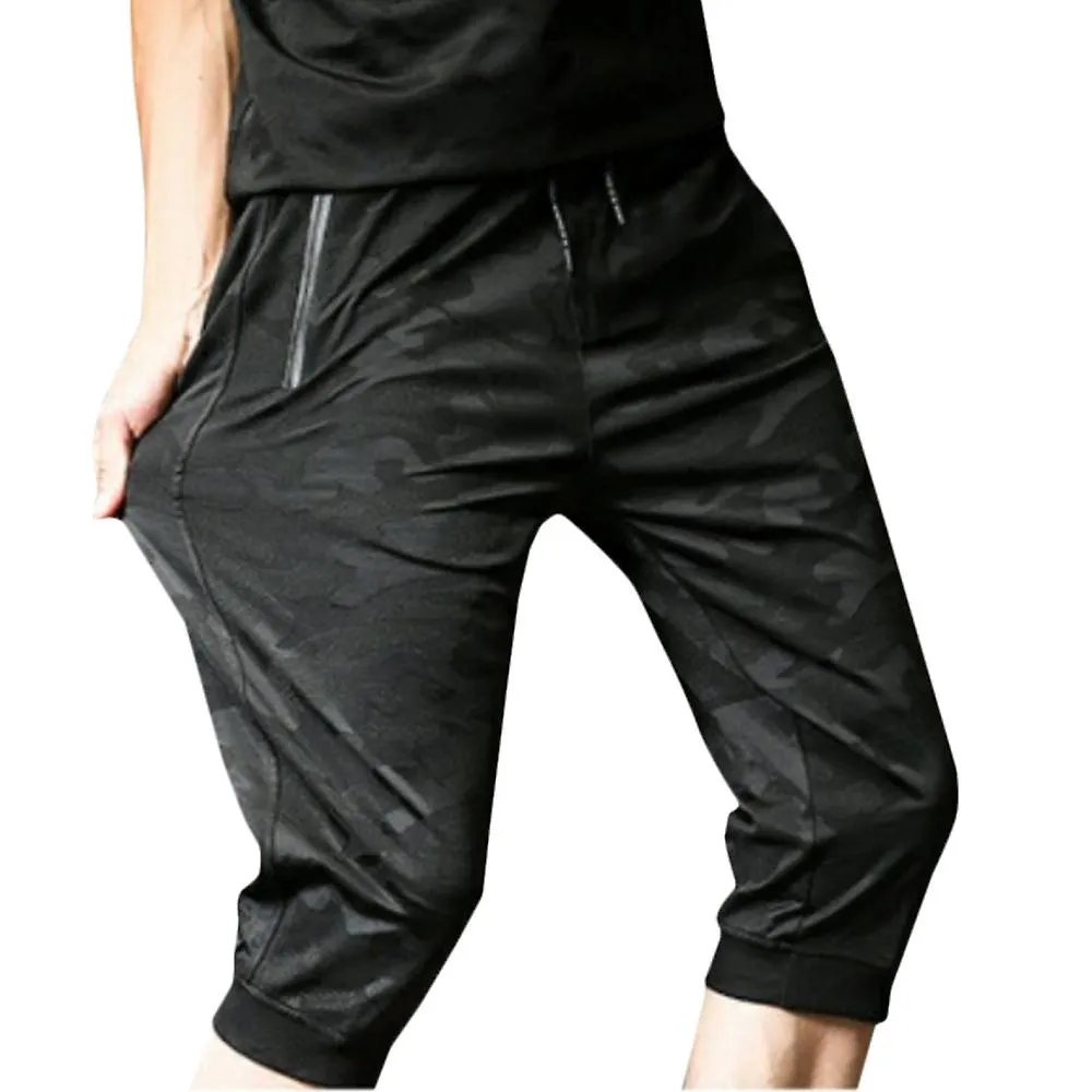 Plus Size Men Camo Sports Drawstring Cropped Trousers Capri Pants Pockets