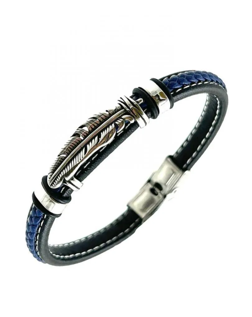 PULSERAS HOMBRE DE CUERO AZUL MARINO MUY ORIGINALES CON PLUMA EN ACERO