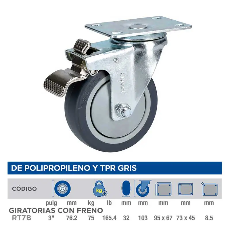 Rueda TPR Giratoria 3 Pul Surtek RT7B 75kg con Freno