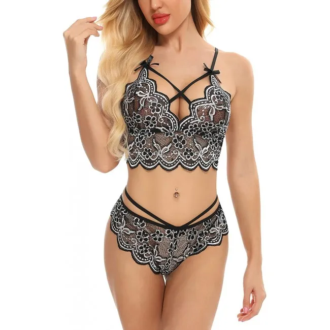  Sexy Embroidery Lace Panties Bra Sets Hollow Strap Bodysuit 2 Piece Set Women's Lingerie 