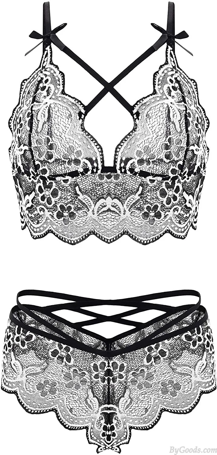  Sexy Embroidery Lace Panties Bra Sets Hollow Strap Bodysuit 2 Piece Set Women's Lingerie 