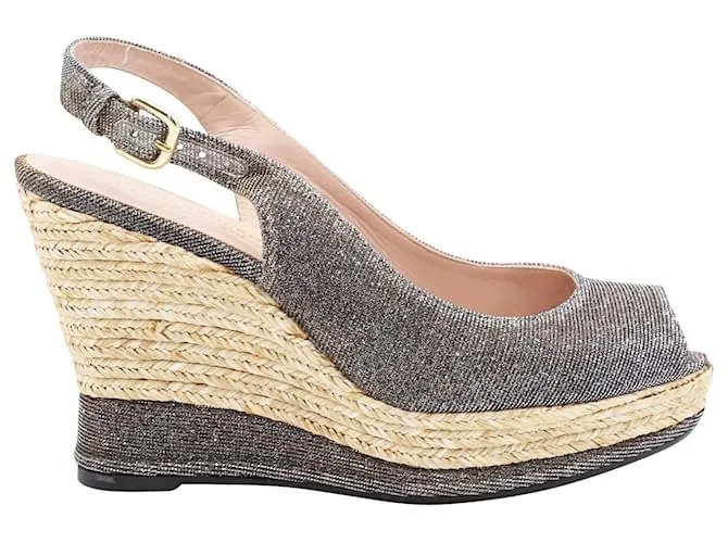Stuart Weitzman Jean Peeptoe Cork Wedge en cuero plateado con purpurina Plata Metálico 