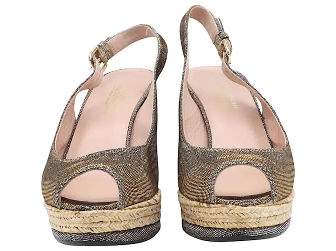 Stuart Weitzman Jean Peeptoe Cork Wedge en cuero plateado con purpurina Plata Metálico 