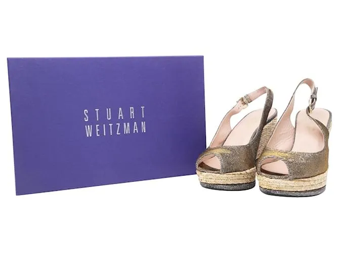 Stuart Weitzman Jean Peeptoe Cork Wedge en cuero plateado con purpurina Plata Metálico 