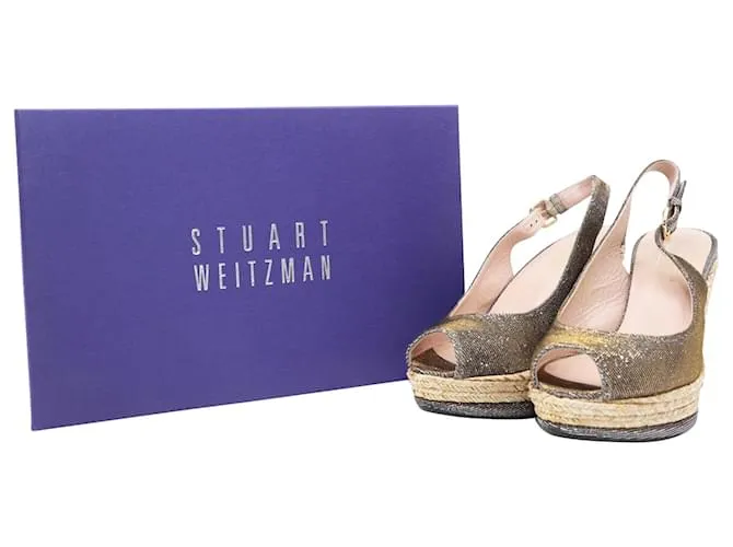 Stuart Weitzman Jean Peeptoe Cork Wedge en cuero plateado con purpurina Plata Metálico 