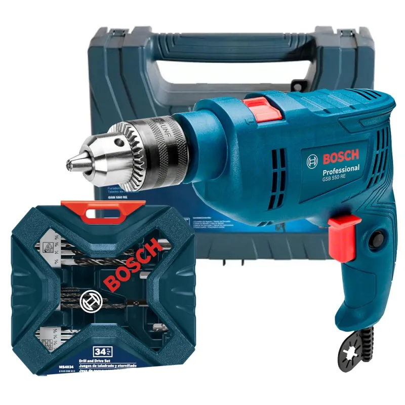 TALADRO PERCUTOR 1/2" 550W + SET DE ACCS XLINE 34 PZAS BOSCH 0615.A00.0N6000