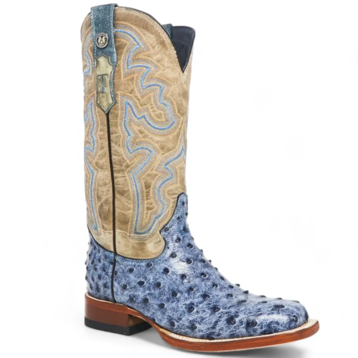 Tanner Mark Women's 'Bluebonnet' Ostrich Print Square Toe Boots Blue Denim TML207061