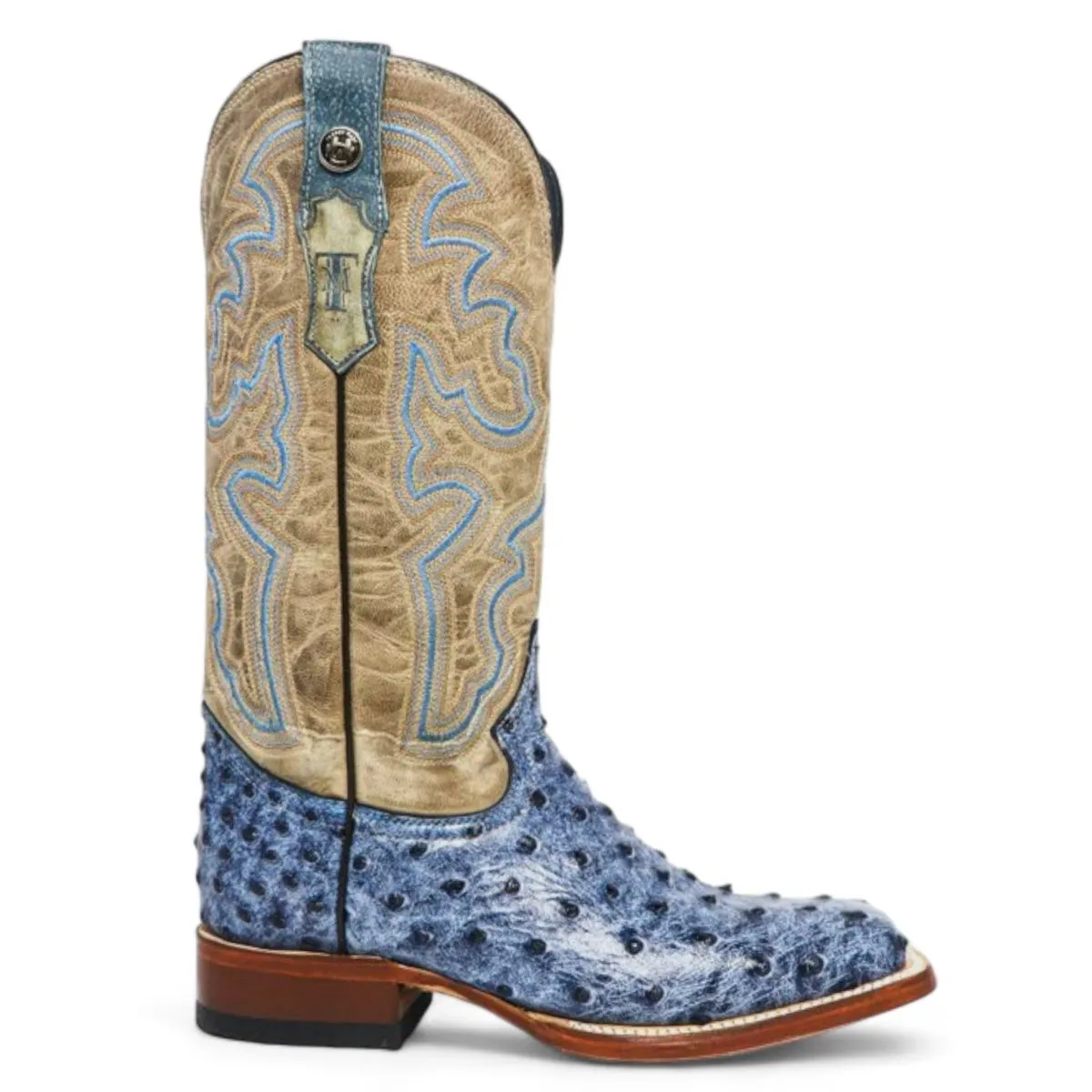 Tanner Mark Women's 'Bluebonnet' Ostrich Print Square Toe Boots Blue Denim TML207061
