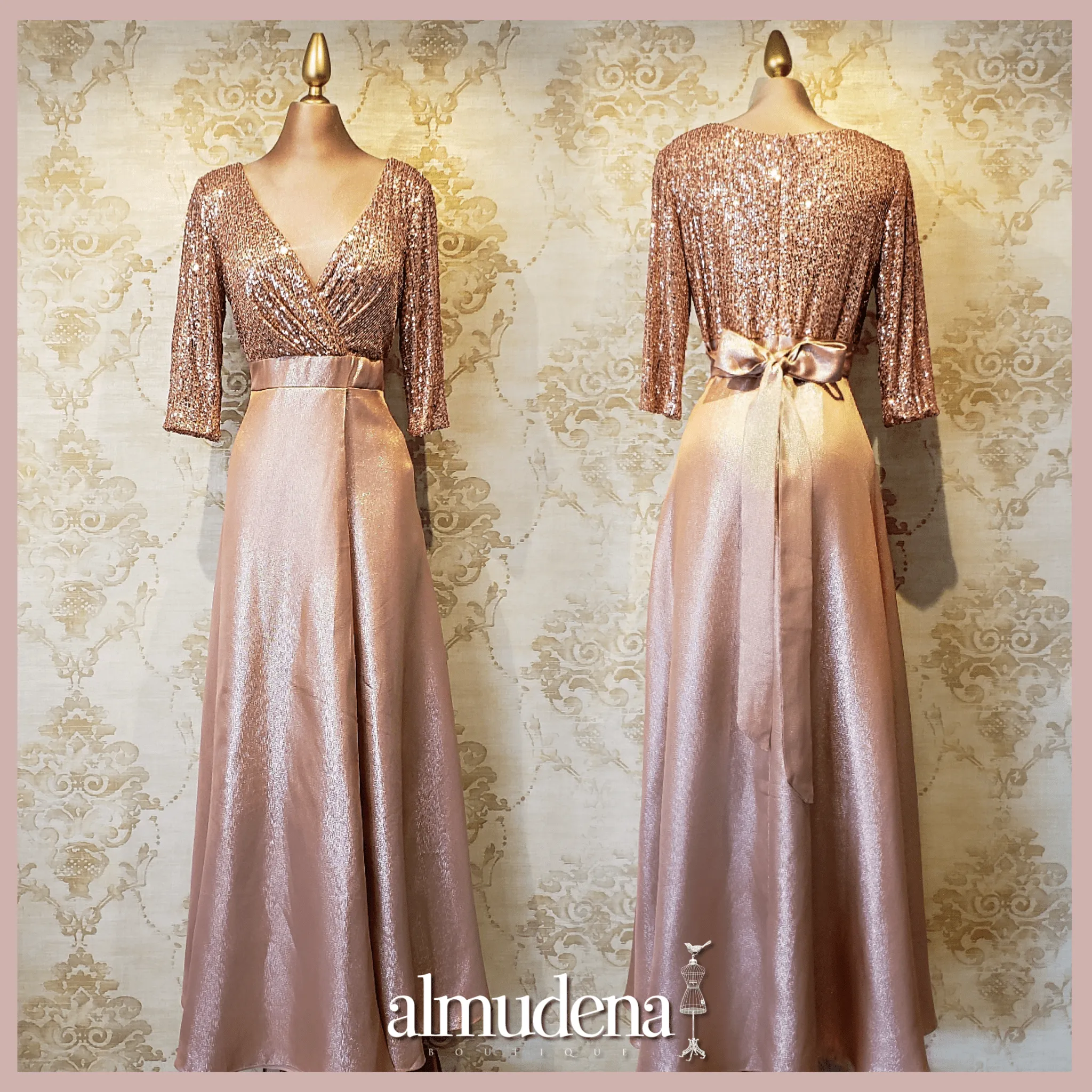 Vestido Rose Gold Largo Brillante Con Manga
