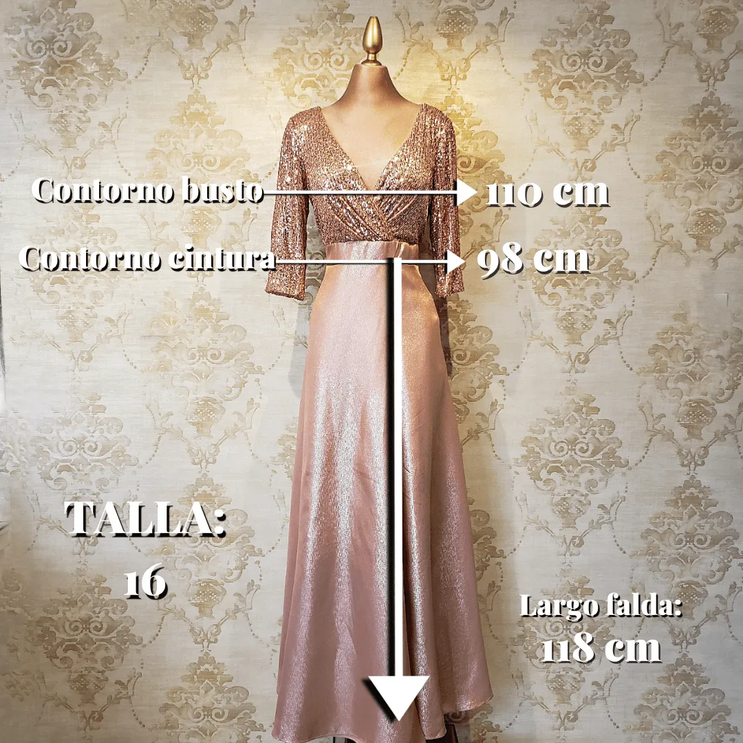 Vestido Rose Gold Largo Brillante Con Manga