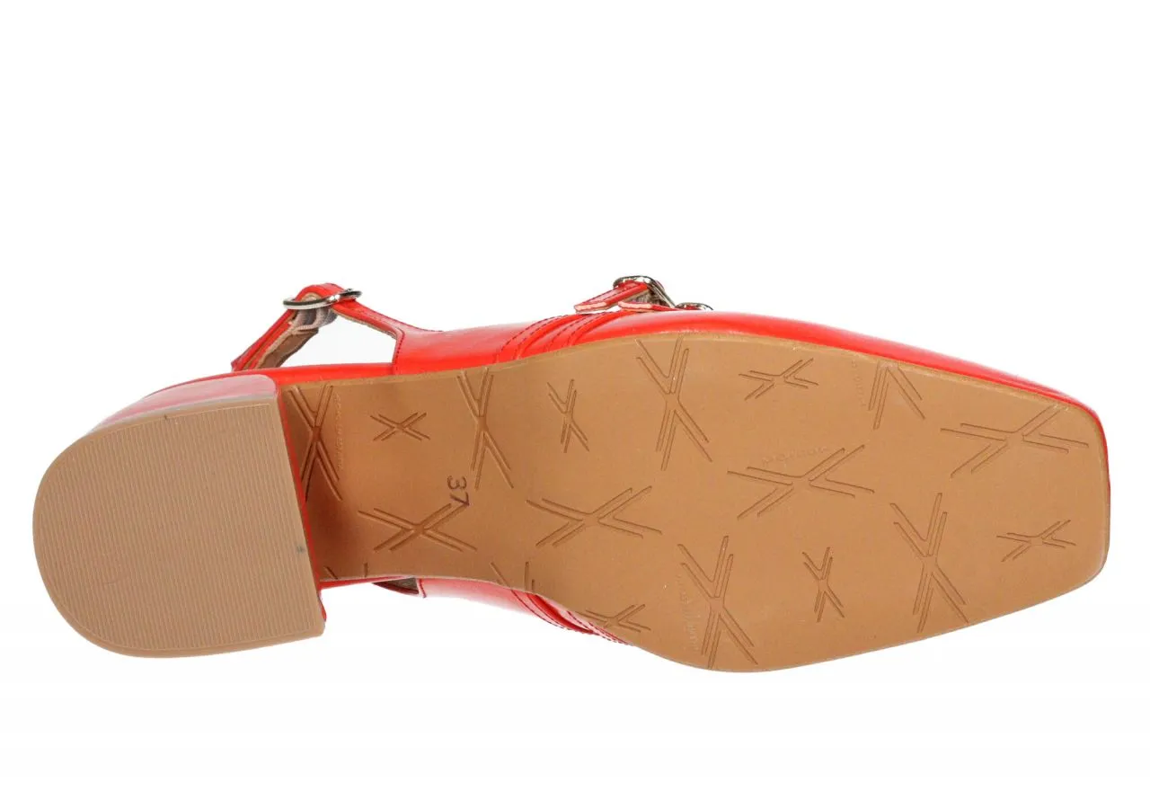 Zapato Talon Abierto Charol Coral Empeine Doble Correa Con Hebilla Tacon Medio