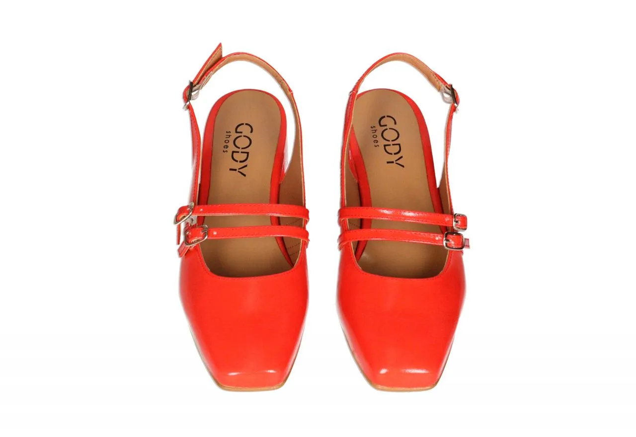 Zapato Talon Abierto Charol Coral Empeine Doble Correa Con Hebilla Tacon Medio