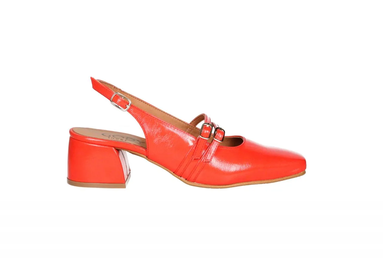 Zapato Talon Abierto Charol Coral Empeine Doble Correa Con Hebilla Tacon Medio