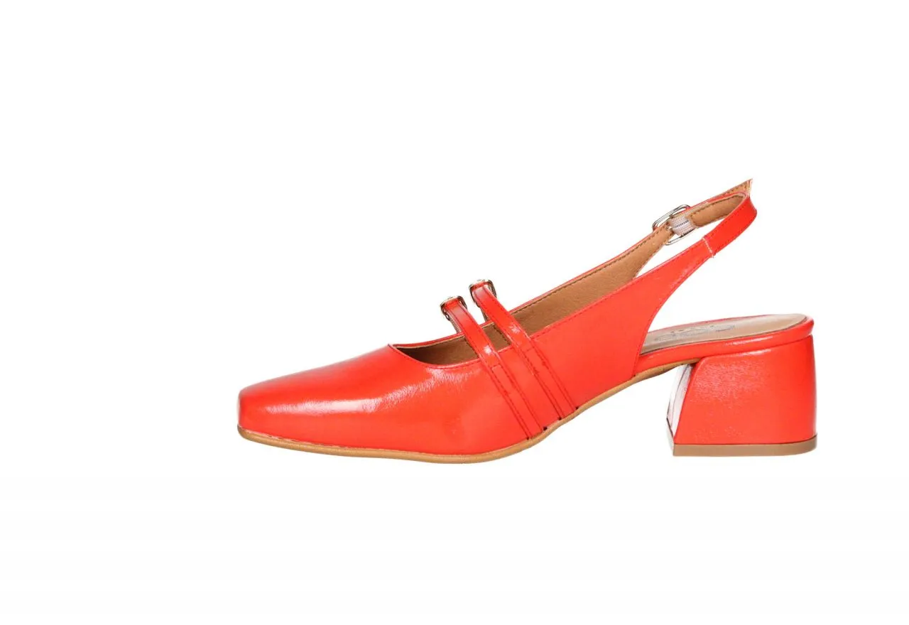 Zapato Talon Abierto Charol Coral Empeine Doble Correa Con Hebilla Tacon Medio