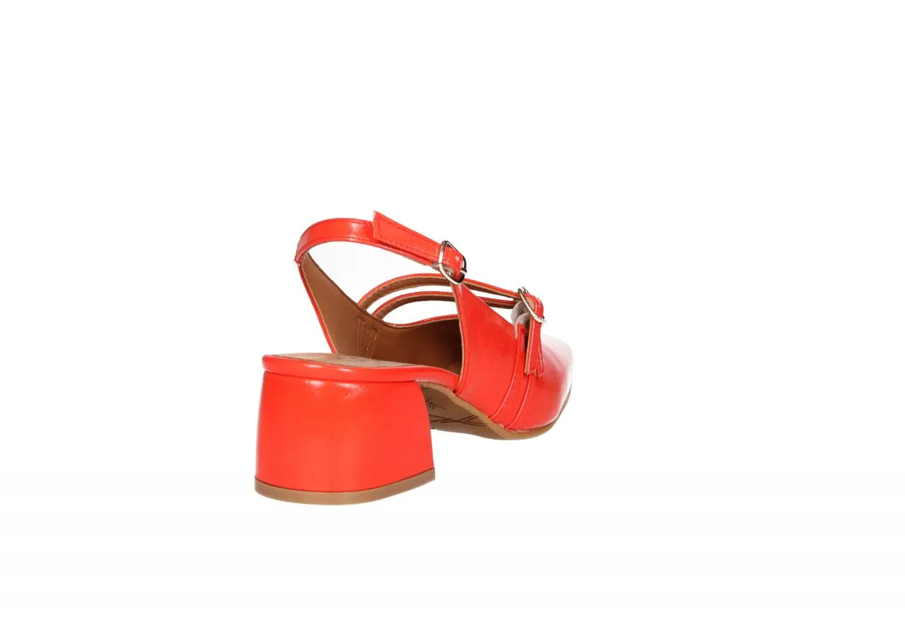 Zapato Talon Abierto Charol Coral Empeine Doble Correa Con Hebilla Tacon Medio